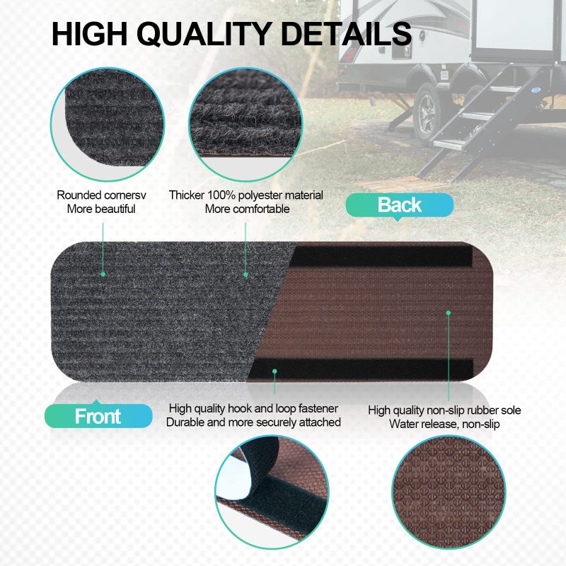 أغطية خطوات ESUDNT RV مكونة من 4 أغطية سجاد RV Step Rug RV لدرج المنزل المحمول والتخييم بعرض 24 بوصة (24 * 7.5 أسود) - Image 3